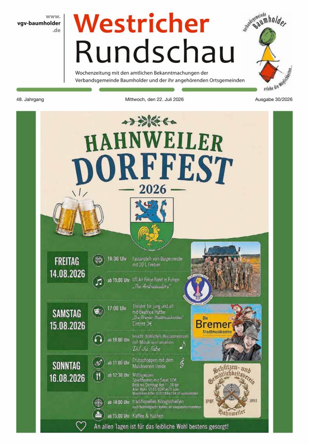 Westricher Rundschau VG Baumholder Titelblatt 30/2026