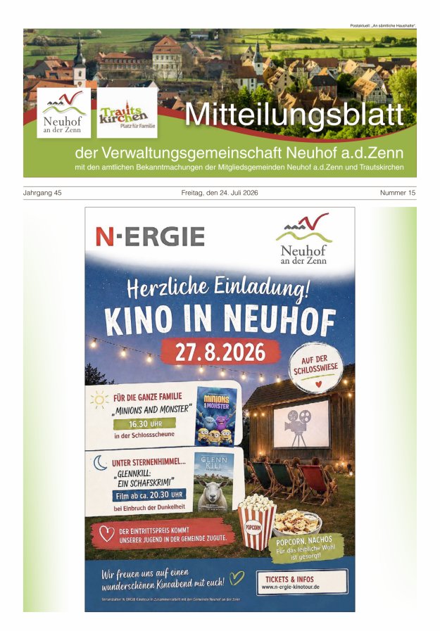 Mitteilungsblatt der Verwaltungsgemeinschaft Neuhof an der Zenn mit den amtlichen Bekanntmachungen der Mitgliedsgemeinden Neuhof an der Zenn und Trautskirchen Titelblatt 15/2026