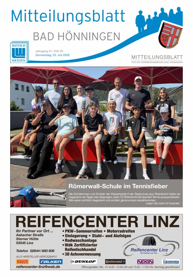 Mitteilungsblatt für den Bereich der Verbandsgemeinde Bad Hönningen Titelblatt 30/2026