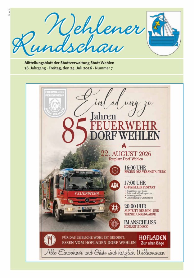 Wehlener Rundschau - Mitteilungsblatt der Stadtverwaltung Stadt Wehlen Titelblatt 07/2026