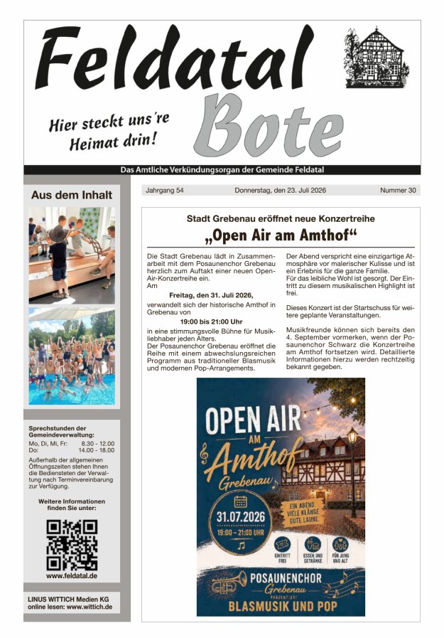 Das Amtliche Verkündungsorgan der Gemeinde Feldatal Titelblatt 30/2026