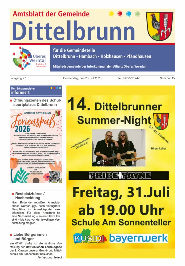 Amtsblatt der Gemeinde Dittelbrunn Titelblatt 15/2026