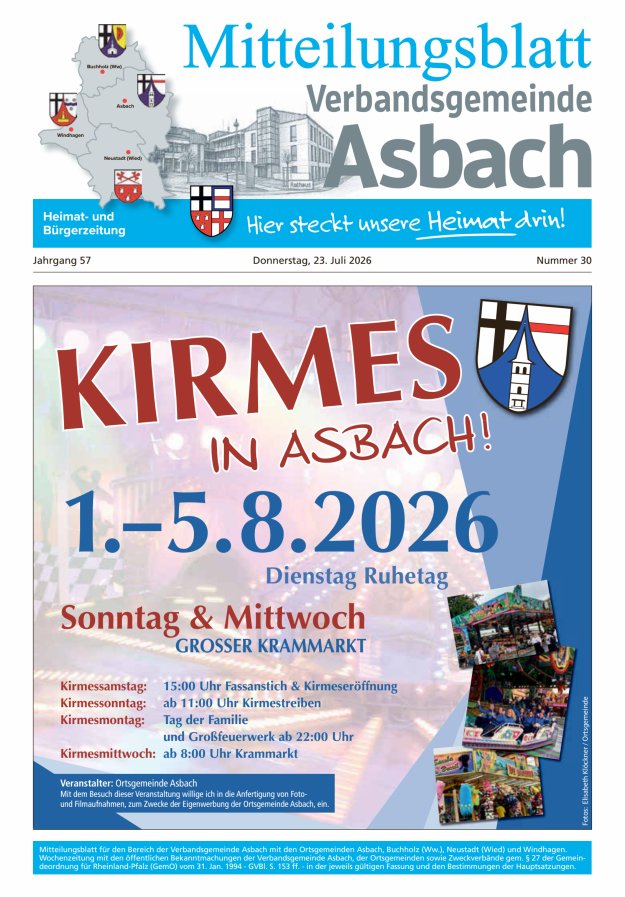 Mitteilungsblatt Verbandsgemeinde Asbach Titelblatt 30/2026