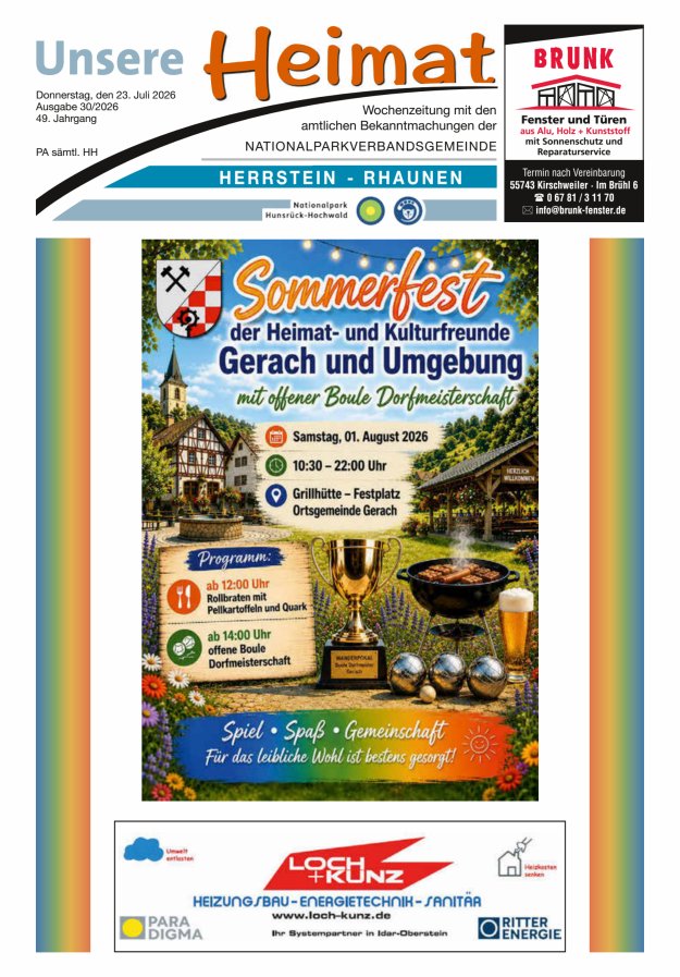 Unsere Heimat VG Herrstein-Rhaunen Titelblatt 30/2026