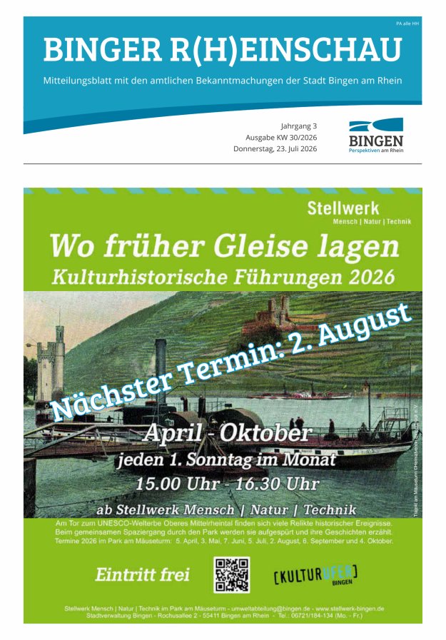 Binger R(h)einschau - Mitteilungsblatt mit den Amtlichen Bekanntmachungen der Stadt Bingen Titelblatt 30/2026