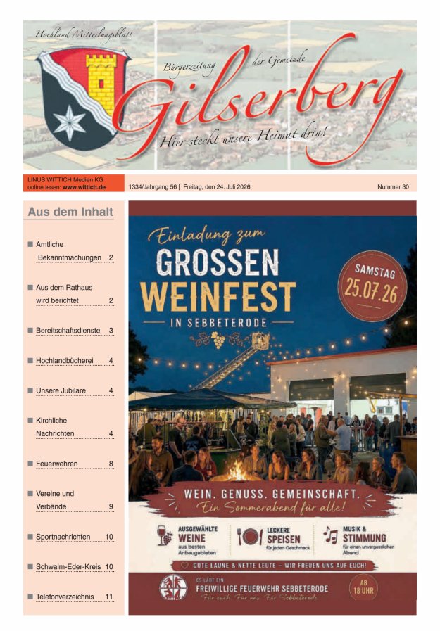 Hochland Mitteilungsblatt Gilserberg Titelblatt 30/2026