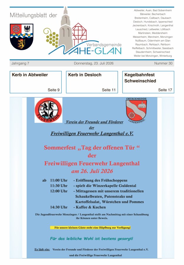 Mitteilungsblatt für die Verbandsgemeinde Nahe-Glan Titelblatt 30/2026