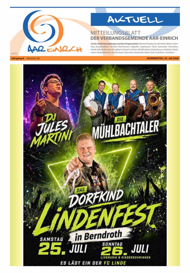 Mitteilungsblatt der Verbandsgemeinde Aar-Einrich Ausgabe Katzenelnbogen Titelblatt 29/2026