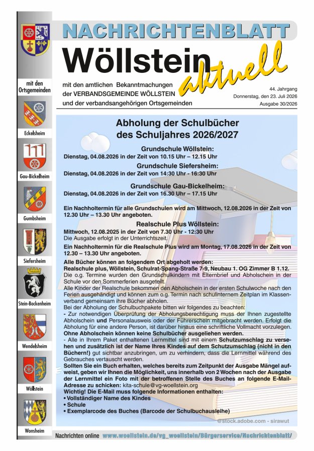 Nachrichtenblatt Wöllstein aktuell Titelblatt 30/2026