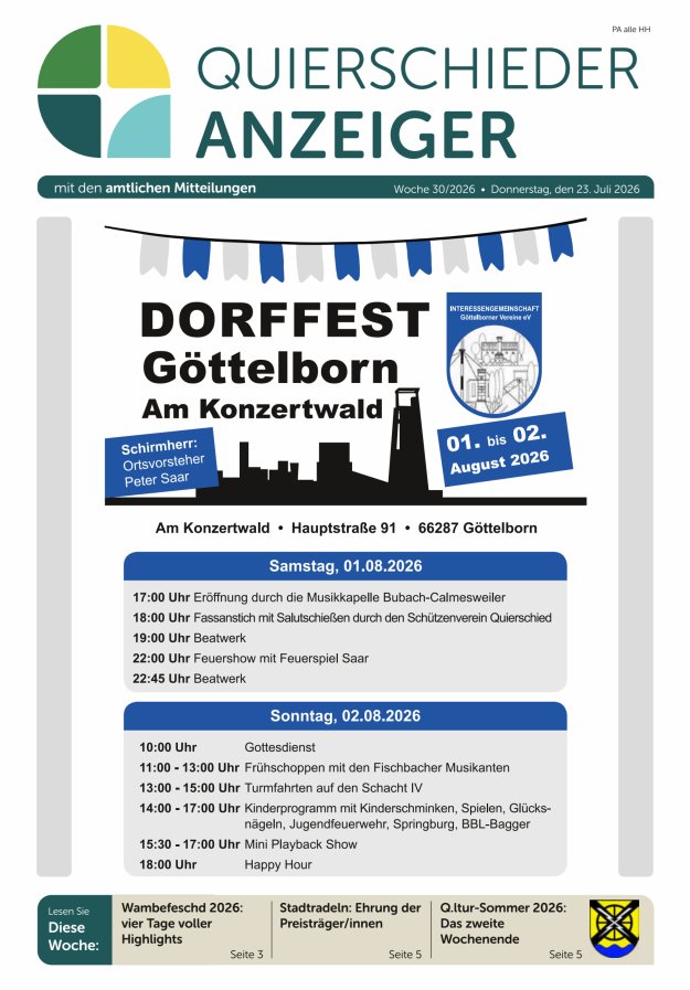 Quierschieder Anzeiger Titelblatt 30/2026