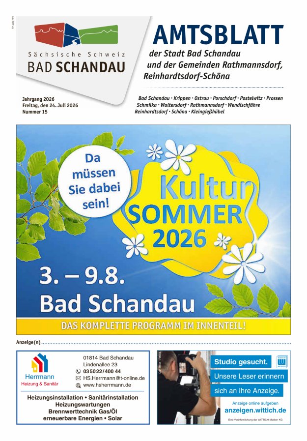Amtsblatt der Stadt Bad Schandau und der Gemeinden Titelblatt 15/2026