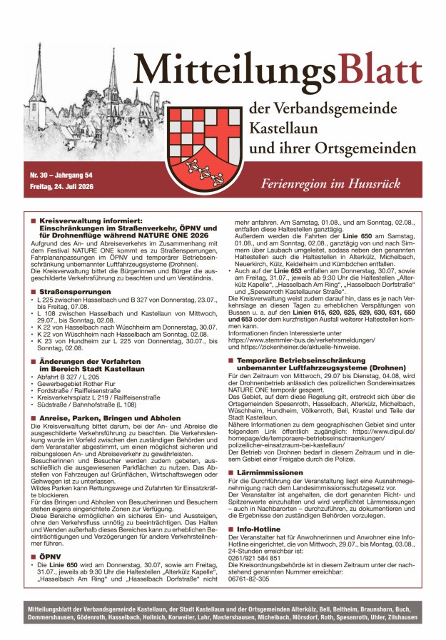 Mitteilungsblatt Kastellaun Titelblatt 30/2026