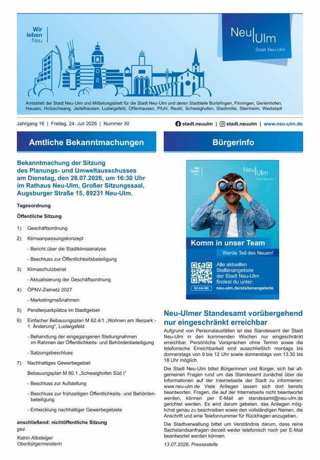 Amtsblatt der Stadt Neu-Ulm und Mitteilungsblatt für die Stadt Neu-Ulm Titelblatt 30/2026