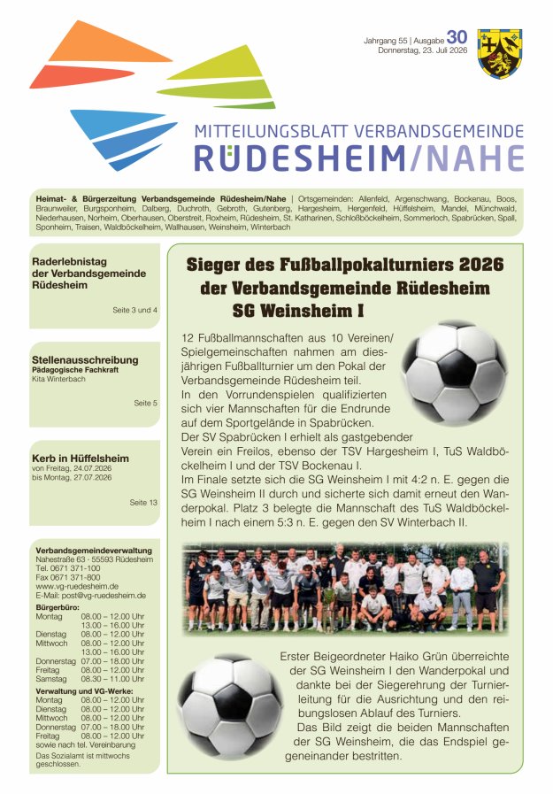 Mitteilungsblatt Verbandsgemeinde Rüdesheim und zugehörige Ortsgemeinden Titelblatt 30/2026