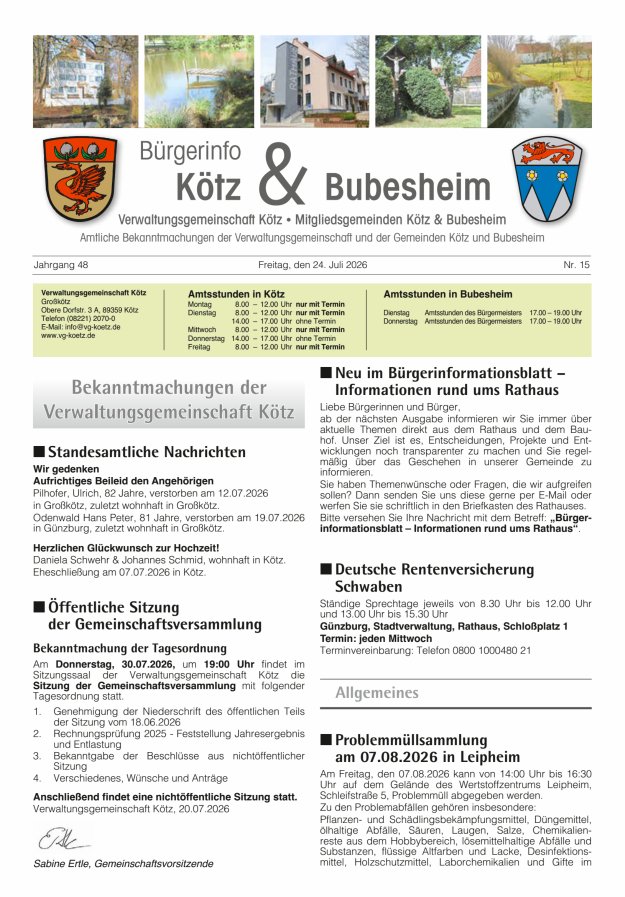 Amtsblatt der VG Kötz und der Mitgliedsgemeinden Titelblatt 15/2026