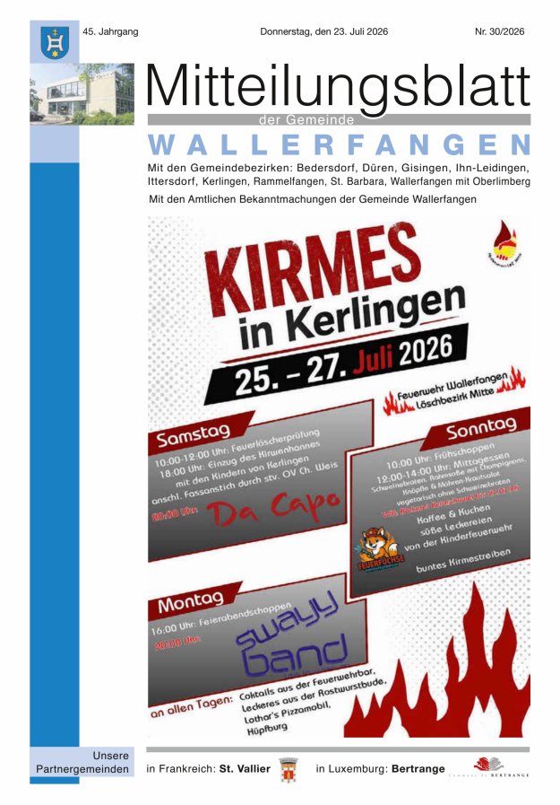 Mitteilungsblatt Gemeinde Wallerfangen Titelblatt 30/2026