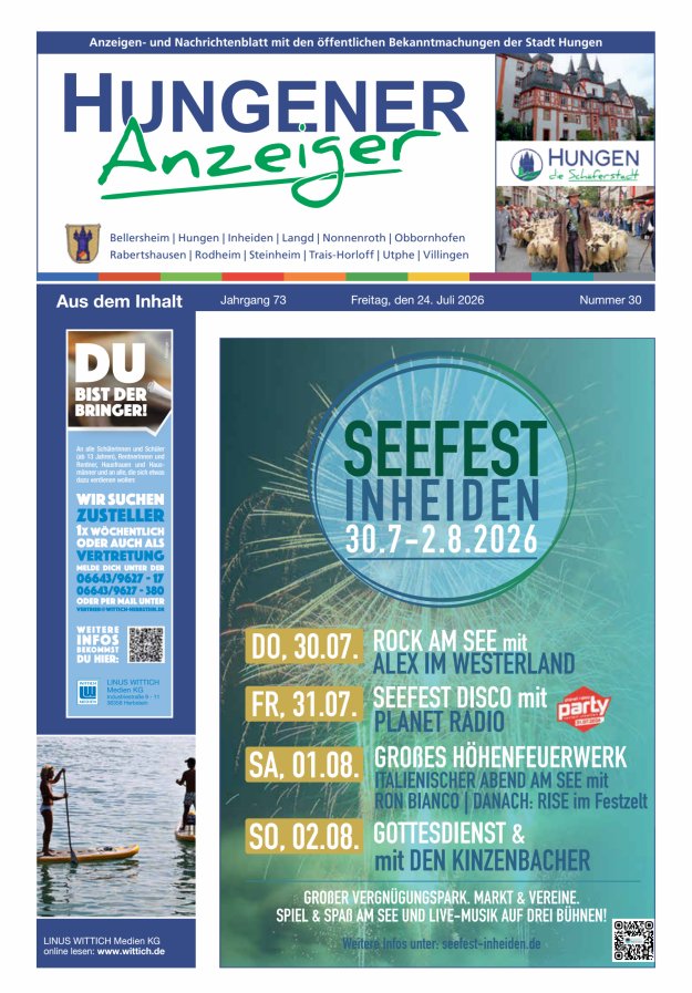 Anzeigen- und Nachrichtenblatt mit den öff  Bekanntmachungen der Stadt Hungen Titelblatt 30/2026