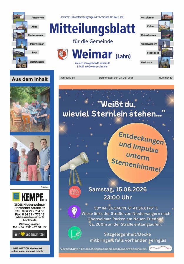 Mitteilungsblatt für die Gemeinde Weimar Titelblatt 30/2026