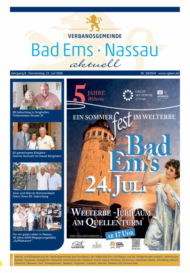 Bad Ems-Nassau aktuell Ausgabe Nassau Titelblatt 29/2026