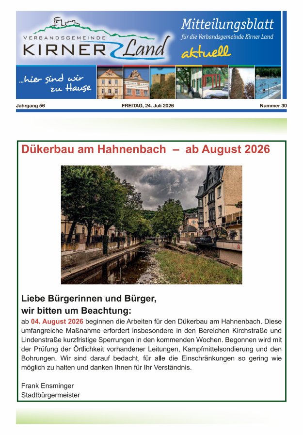 Mitteilungsblatt für den Bereich der Verbandsgemeinde Kirner Land Titelblatt 30/2026