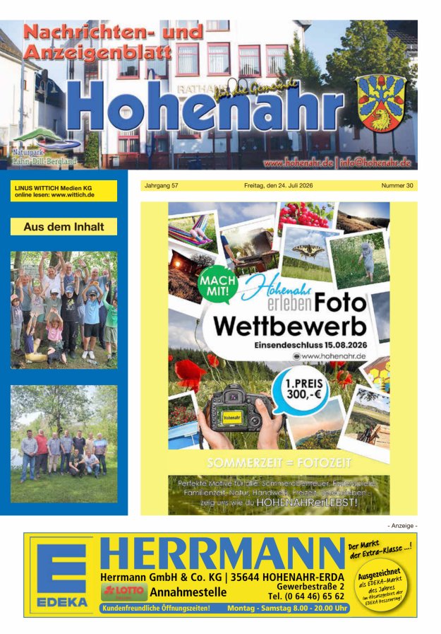 Nachrichten- und Anzeigenblatt für die Gemeinde Hohenahr Titelblatt 30/2026