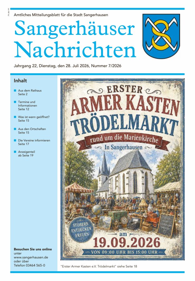 Sangerhäuser Nachrichten – Amtliches Mitteilungsblatt für die Stadt Sangerhausen Titelblatt 07/2026