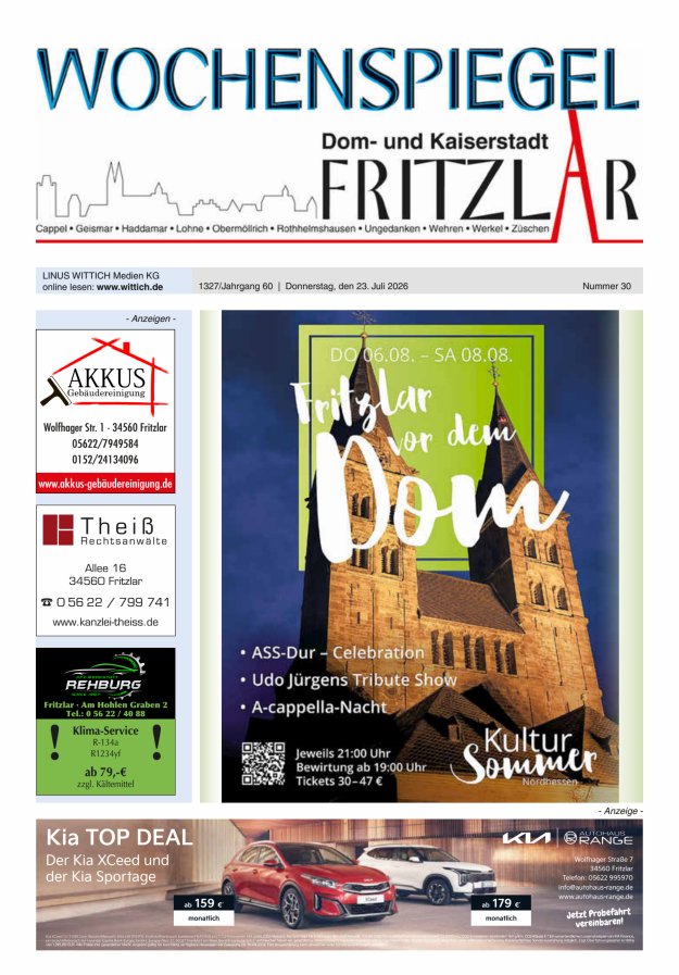Wochenspiegel Dom- und Kaiserstadt Fritzlar Titelblatt 30/2026
