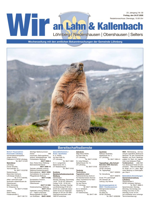 Amtliches Mitteilungsblatt der Gemeinde Löhnberg Titelblatt 30/2026