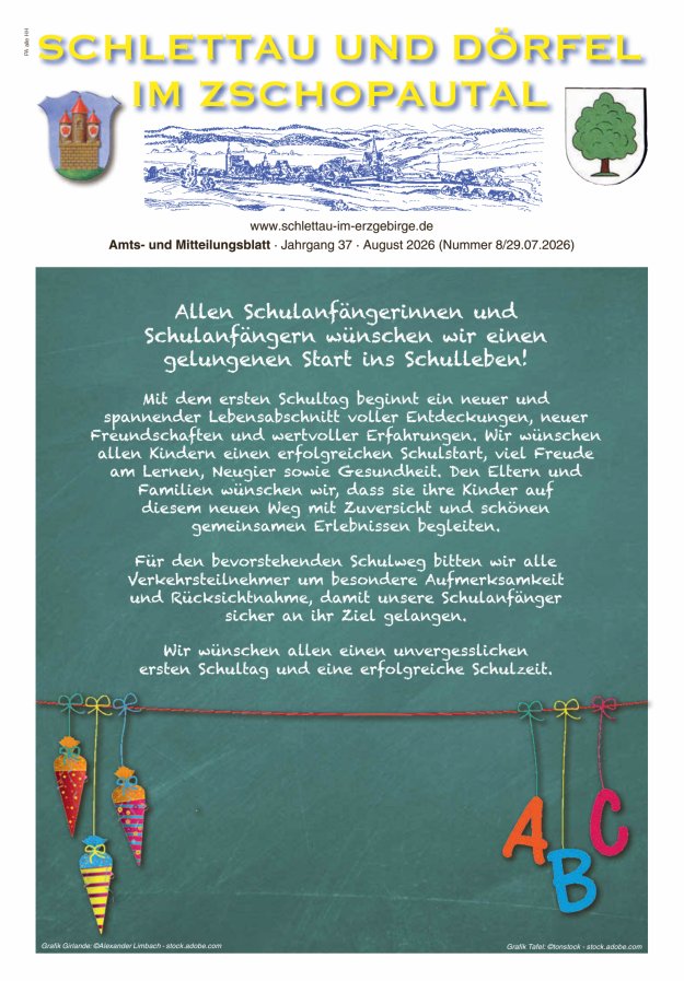 Schlettau und Dörfel im Zschopautal – Amts- und Mitteilungsblatt Titelblatt 08/2026