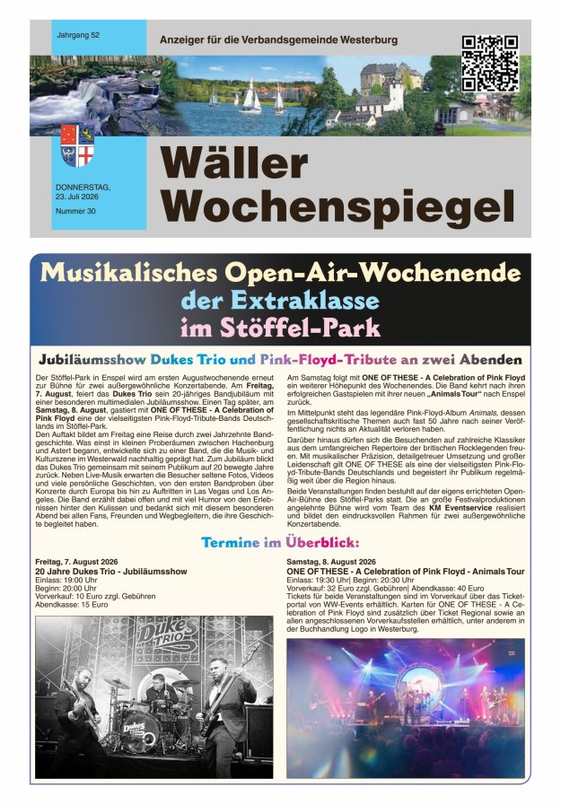Wäller Wochenspiegel - Anzeiger für die Verbandsgemeinde Westerburg Titelblatt 30/2026