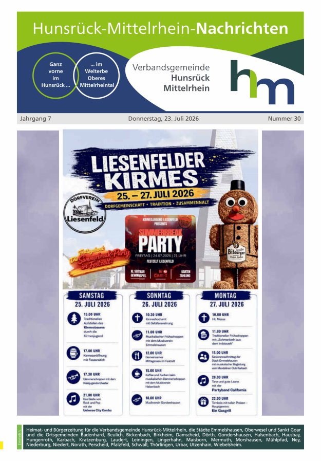 Hunsrück-Mittelrhein Nachrichten Ausgabe Emmelshausen Titelblatt 30/2026