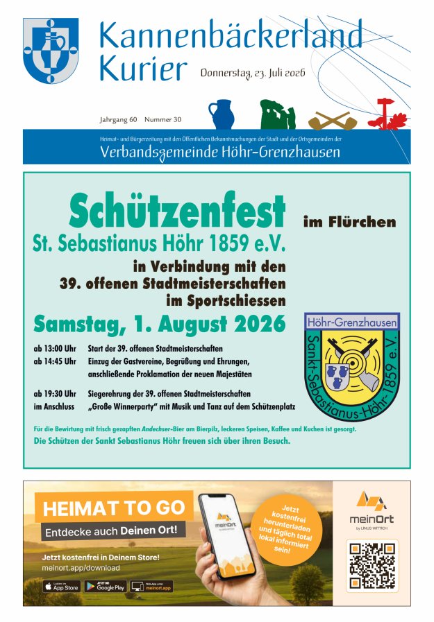 Kannenbäckerland-Kurier Verbandsgemeinde Höhr-Grenzhausen Titelblatt 30/2026