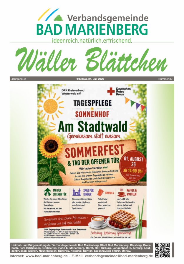 Wäller Blättchen - Verbandsgemeinde Bad Marienberg Titelblatt 30/2026