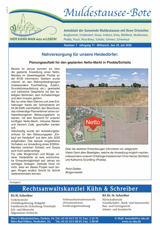 Muldestausee-Bote – Amtsblatt der Gemeinde Muldestausee mit ihren Ortsteilen Titelblatt 07/2026