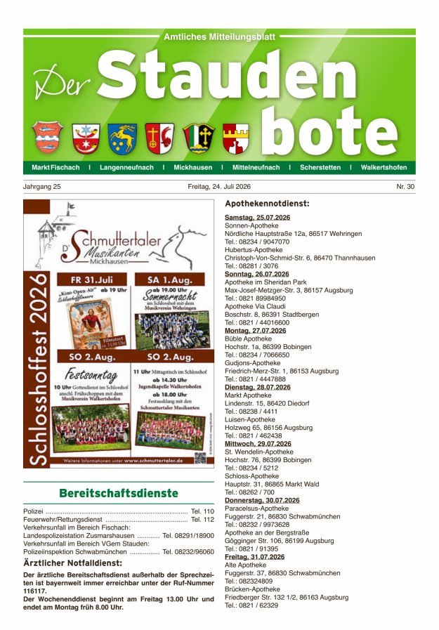 Staudenbote Amtliches Mitteilungsblatt Titelblatt 30/2026