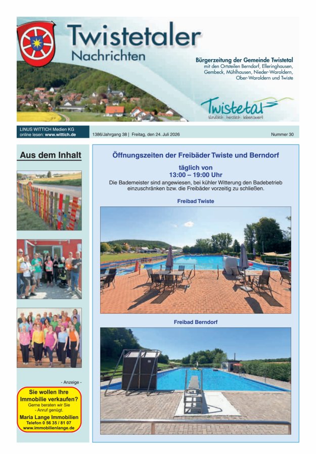 Twistetaler Nachrichten Titelblatt 30/2026