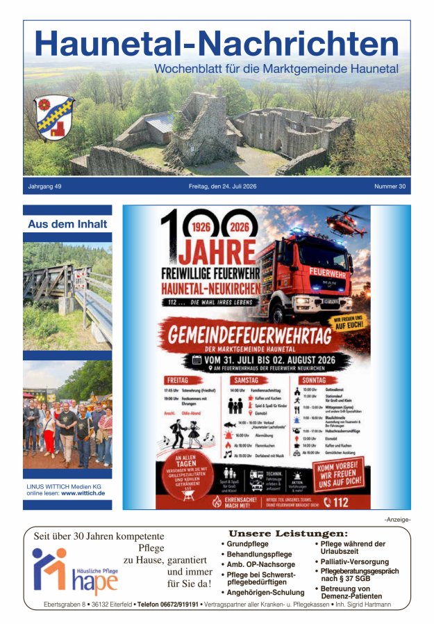 Haunetal-Nachrichten Titelblatt 30/2026
