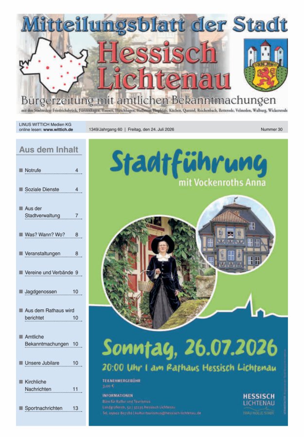 Mitteilungsblatt der Stadt Hess Lichtenau Titelblatt 30/2026