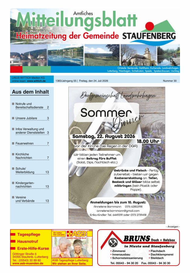 Heimatzeitung der Gemeinde Staufenberg Titelblatt 30/2026