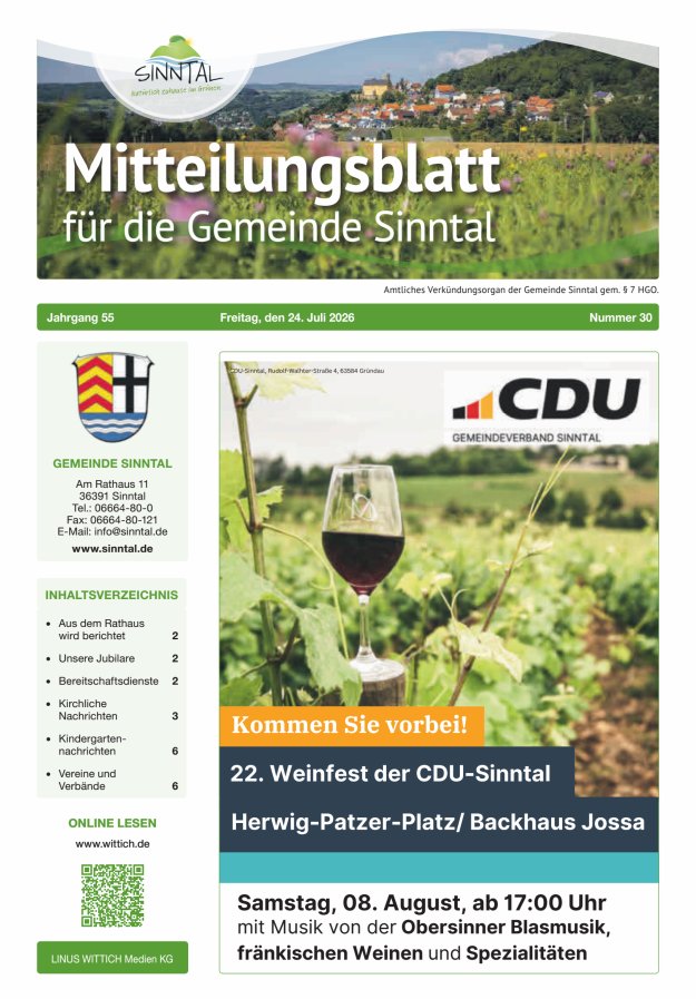 Mitteilungsblatt für die Gemeinde Sinntal Titelblatt 30/2026