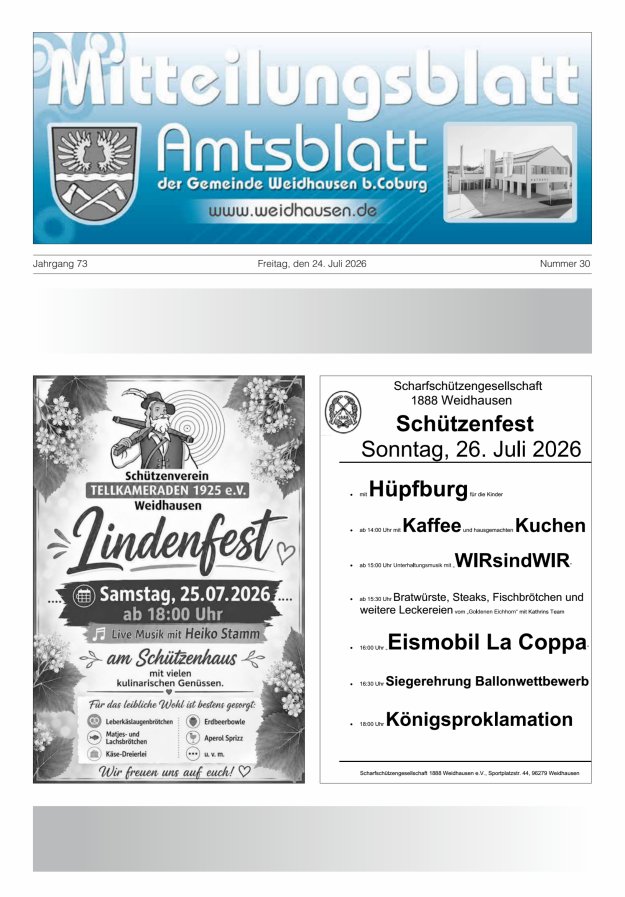 Mitteilungsblatt - Amtsblatt der Gemeinde Weidhausen b Coburg Titelblatt 30/2026