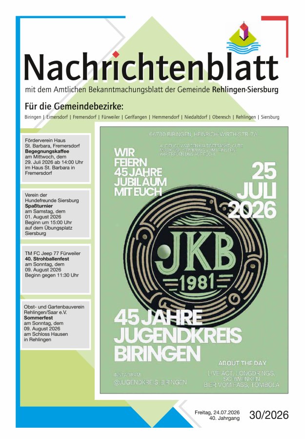Nachrichtenblatt Rehlingen-Siersburg Titelblatt 30/2026