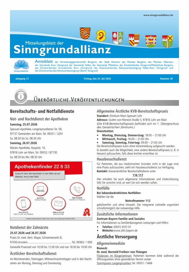 Mitteilungsblatt der Sinngrundallianz Titelblatt 30/2026