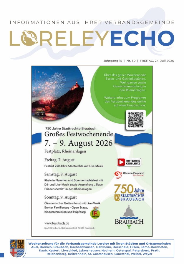 Loreley-Echo - Mitteilungsblatt der Verbandsgemeinde Loreley (Braubach) Titelblatt 29/2026