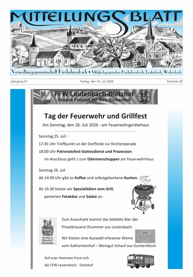 Mitteilungsblatt Verwaltungsgemeinschaft Kirchehrenbach Titelblatt 30/2026