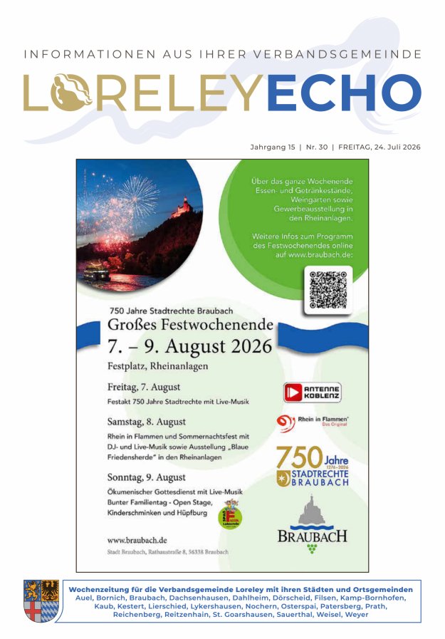 Loreley-Echo - Mitteilungsblatt der Verbandsgemeinde Loreley Titelblatt 30/2026