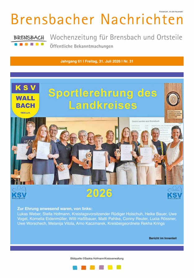 Brensbacher Nachrichten Titelblatt 31/2026