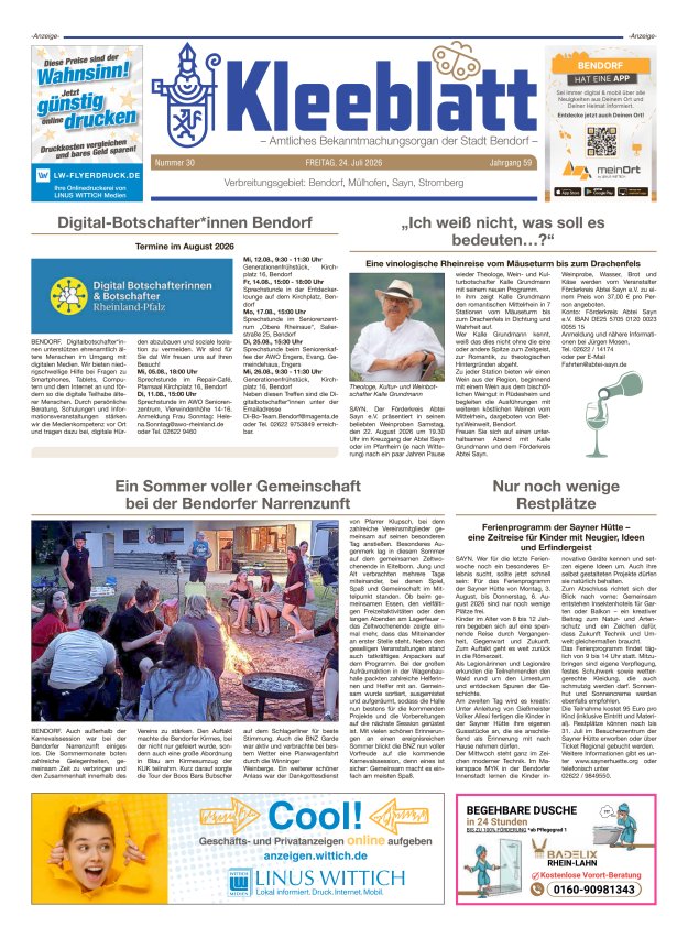 Kleeblatt - Amtliches Bekanntmachungsorgan der Stadt Bendorf Titelblatt 30/2026