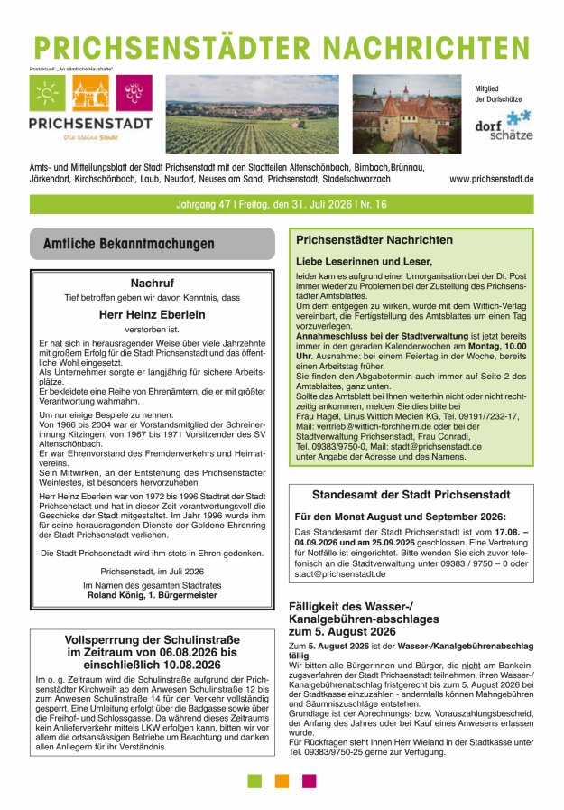 Prichsenstädter Nachrichten Titelblatt 16/2026