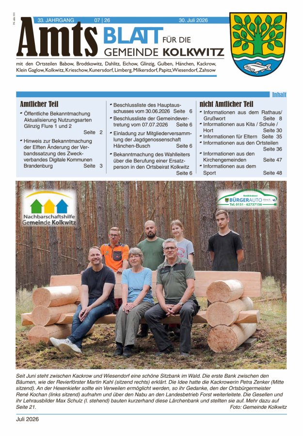 Amtsblatt für die Gemeinde Kolkwitz  Titelblatt 07/2026